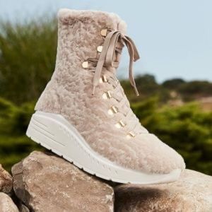 STUART WEITZMAN OCEANE LEATHER SHEARLING PLATFORM WEDGE COMBAT BOOTS NWT SZ 7.5